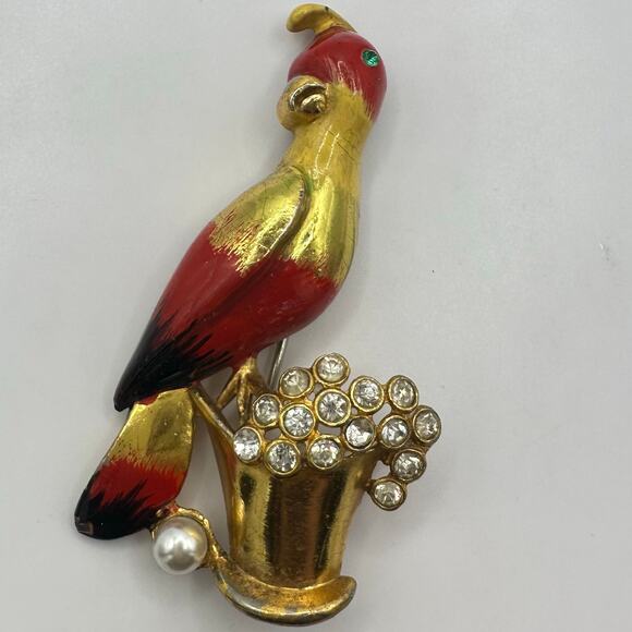 Coro Jewelry - Coro 1940s vintage gold plated red enamel rhinestones faux pearl parrot brooch